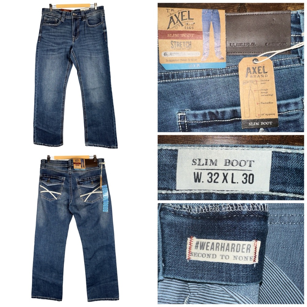 T.K. Axel 32x30 Slim Bootcut Y2K Distressed Whiskered Cowboy Western Denim Jeans